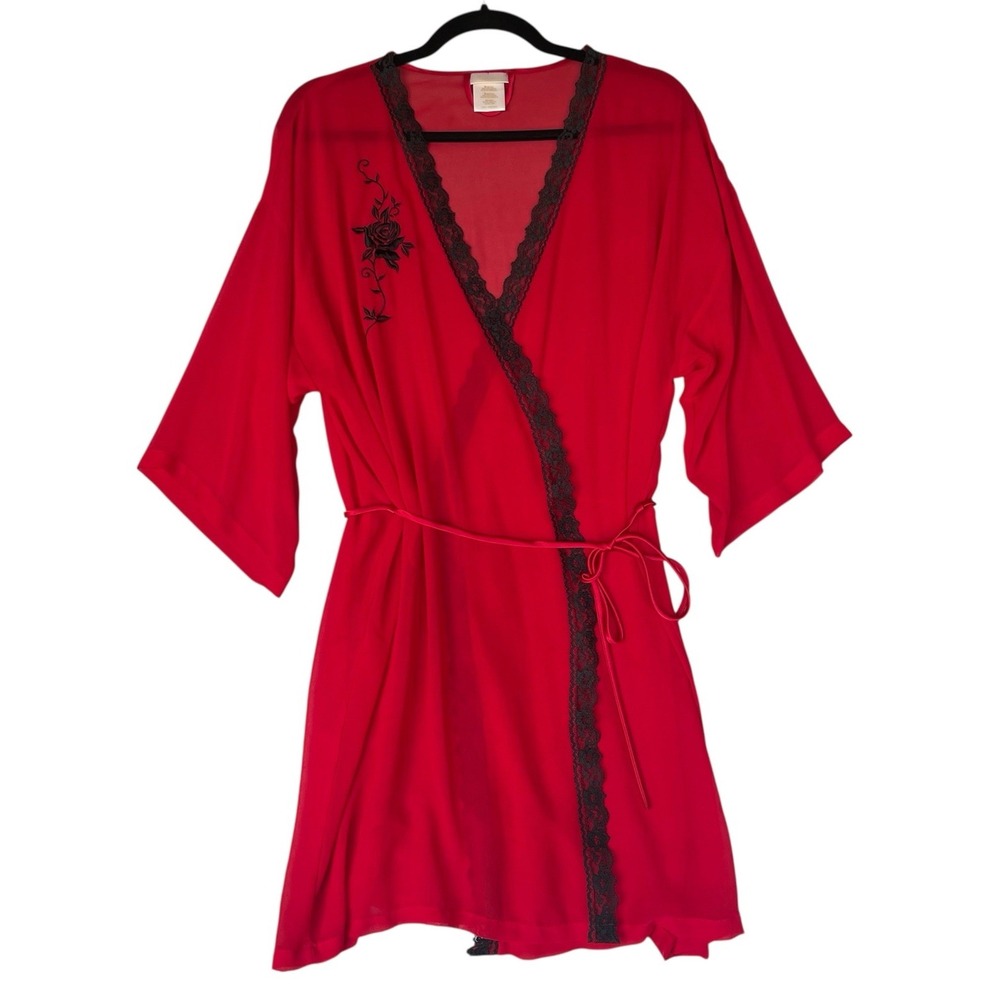 Vintage Secret Treasures Robe Womens M Red Sheer Black Floral Whimsigoth 90s